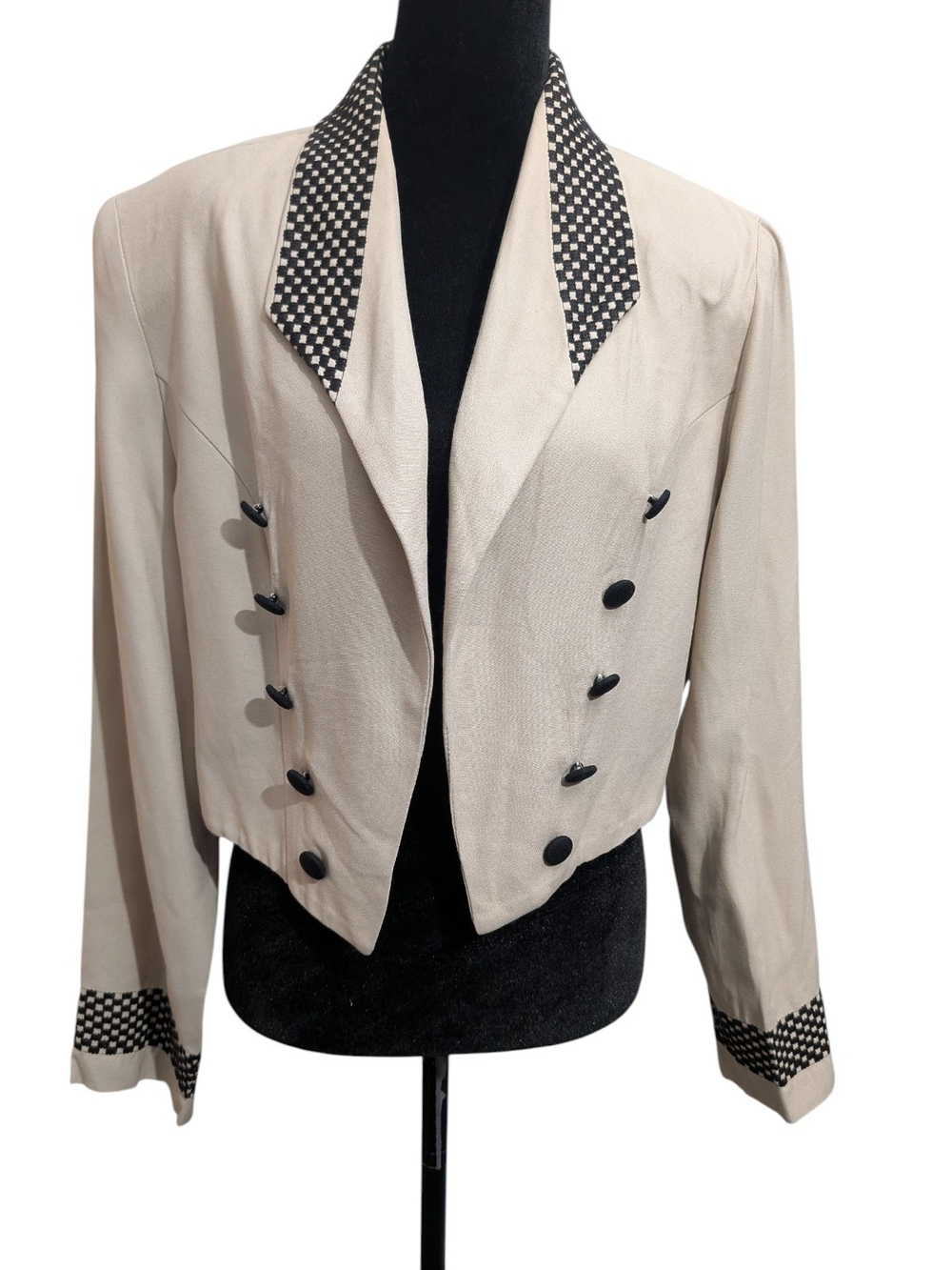 Cropped Cream Double-Breasted Women's Blazer with Contrast Trim